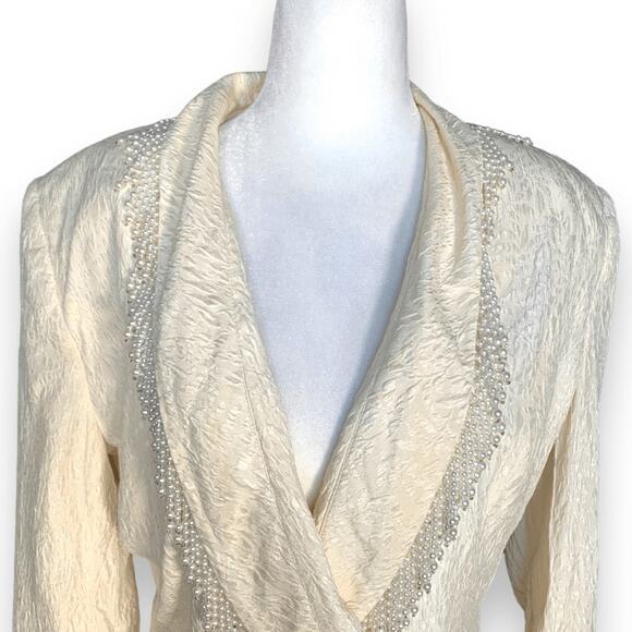 Vintage 80s Ivory Blazer Jacket Pearl Trim Textured Hourglass Double Breasted - Picture 3 of 8